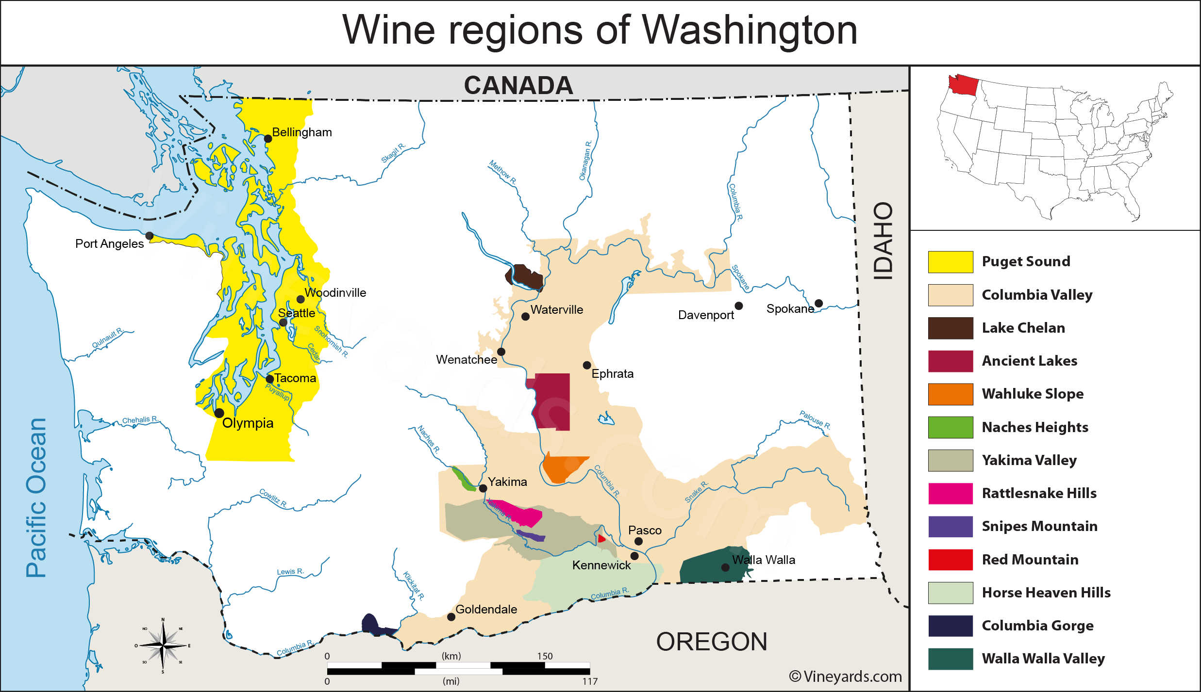 Washington State Regions Map Washington State Map Of Vineyards Wine Regions